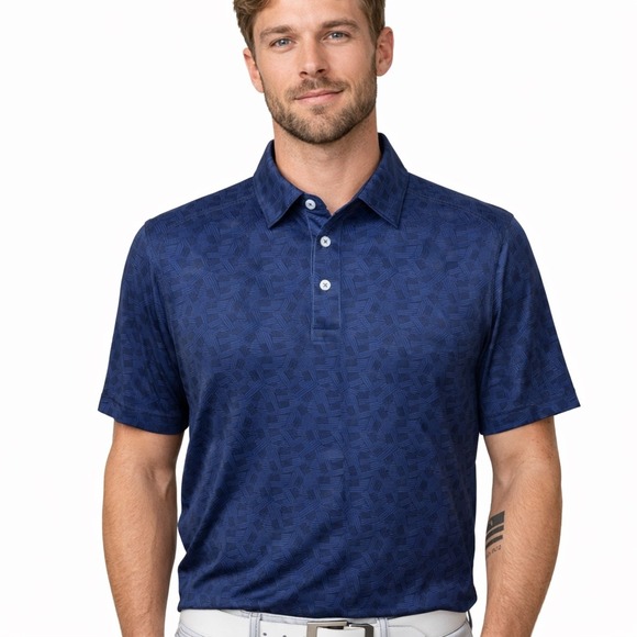 BURLEBO Mens Navy Stars And Stripes Performance Polo Size S Flag Print‎ Golf